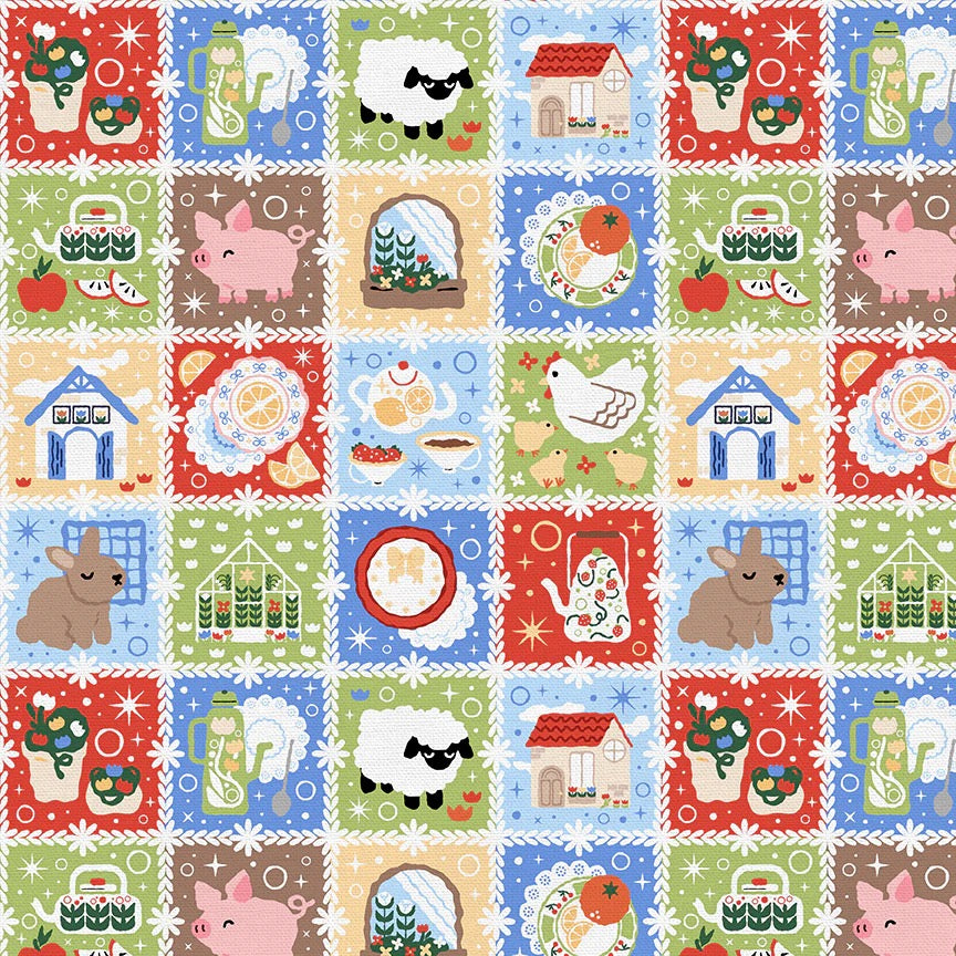 Cozy Cottage Icons Red/Blue/Yellow *½ Yard*