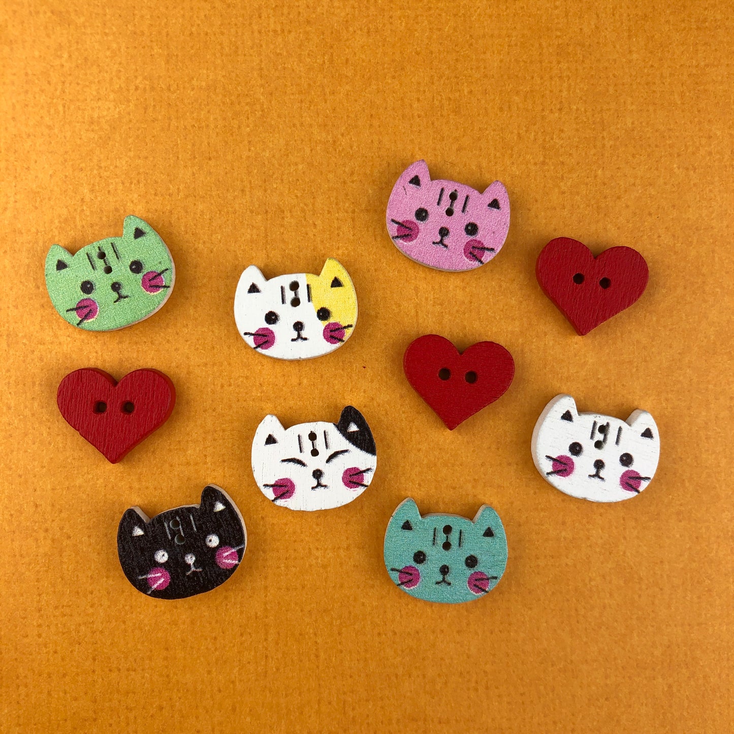 Cat and Heart 10 Piece Wooden Buttons