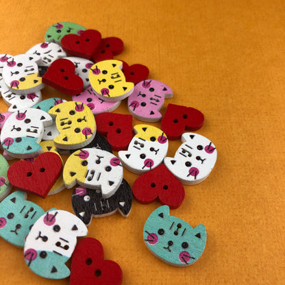 Cat and Heart 10 Piece Wooden Buttons